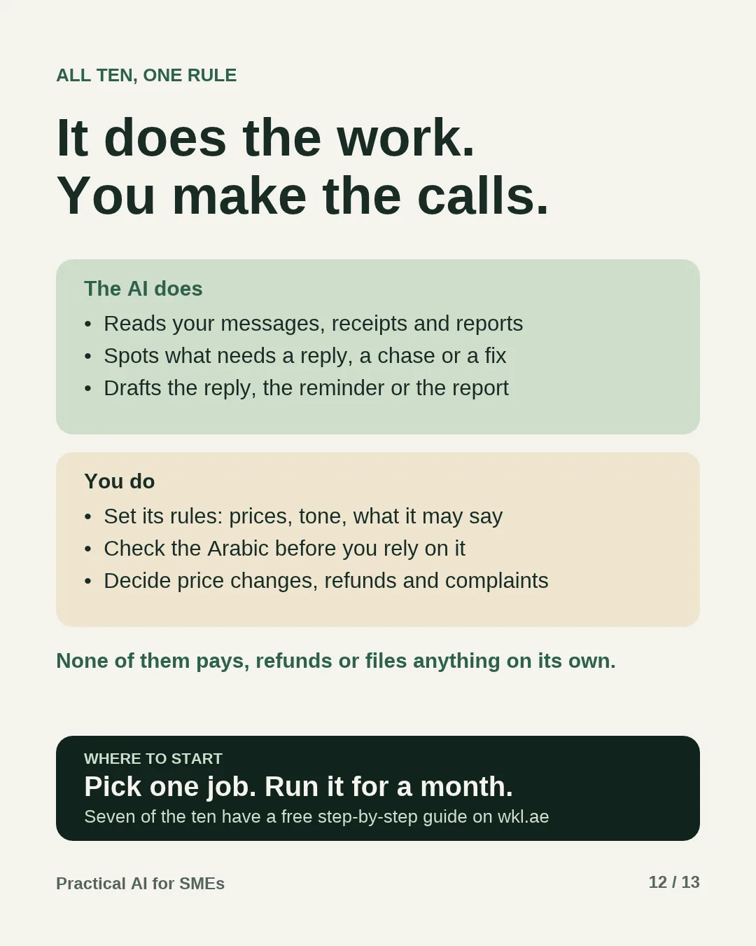 Slide 12: All ten, one rule. It does the work. You make the calls. The AI reads your messages, receipts and reports, spots what needs a reply, a chase or a fix, and drafts the reply, the reminder or the report. You set its rules, check the Arabic before you rely on it, and decide price changes, refunds and complaints. None of them pays, refunds or files anything on its own. Where to start: pick one job and run it for a month.
