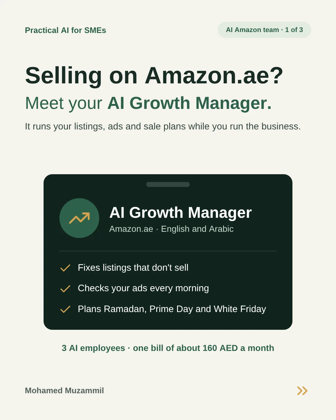 Slide 1: Selling on Amazon.ae? Meet your AI Growth Manager. It runs your listings, ads and sale plans while you run the business: it fixes listings that don't sell, checks your ads every morning and plans Ramadan, Prime Day and White Friday. Three AI employees, one bill of about 160 AED a month.
