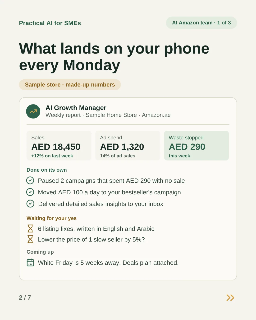 Slide 2: What lands on your phone every Monday, for a sample store with made-up numbers: sales, ad spend and waste stopped, what it did on its own, what is waiting for your yes, and the next sale coming up.