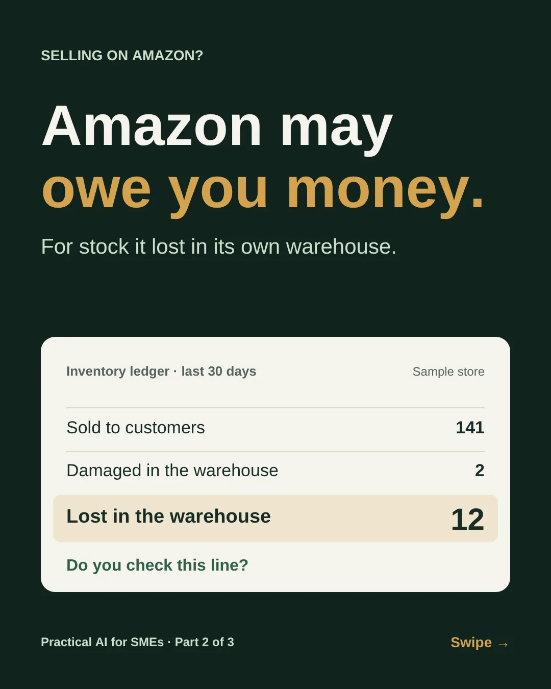 Slide 1: Selling on Amazon? Amazon may owe you money, for stock it lost in its own warehouse. A sample inventory ledger: sold to customers 141, damaged in the warehouse 2, lost in the warehouse 12. Do you check this line?