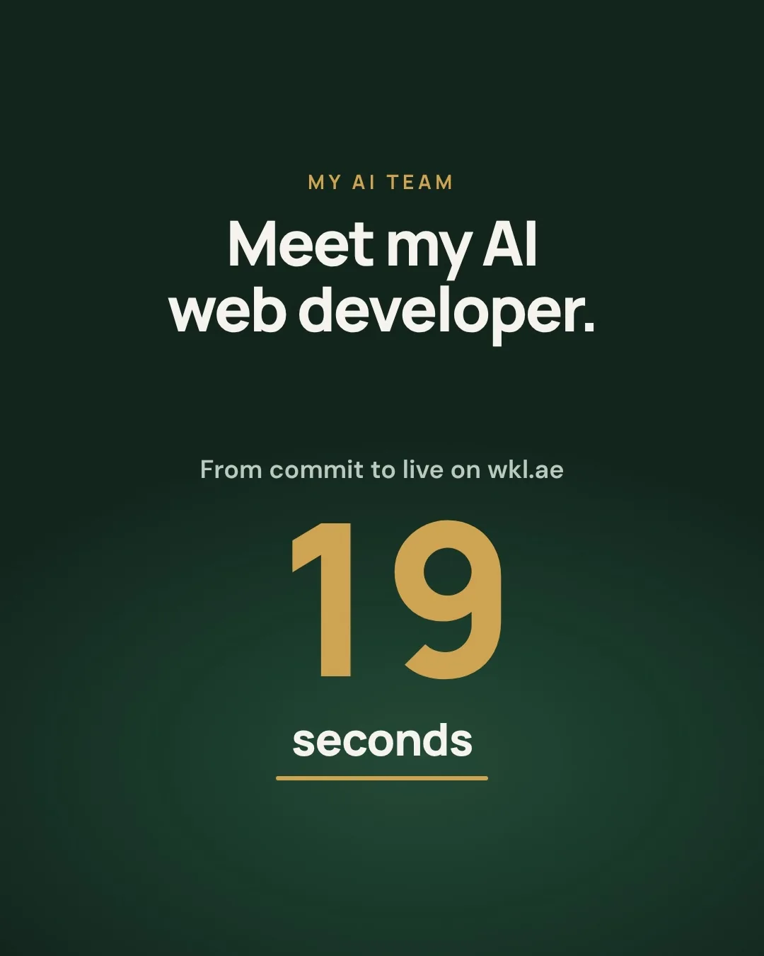 Slide 1: My AI team. Meet my AI web developer. From commit to live on wkl.ae: 19 seconds.
