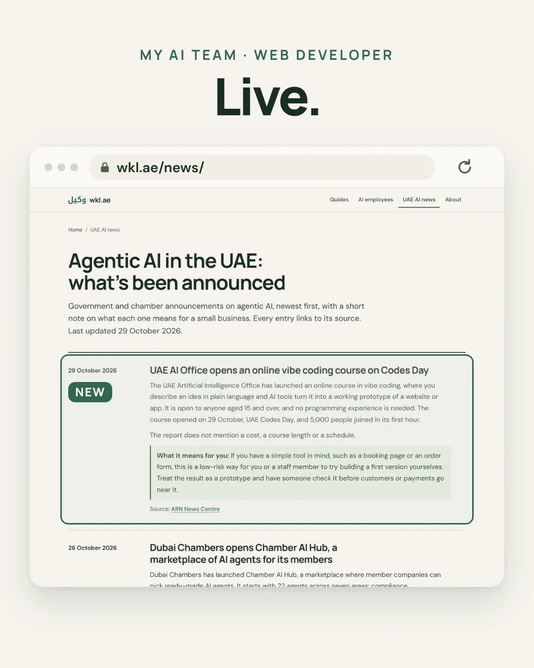 Slide 7: Live. The whole news page at wkl.ae/news, last updated 29 October 2026, with the new entry at the top.