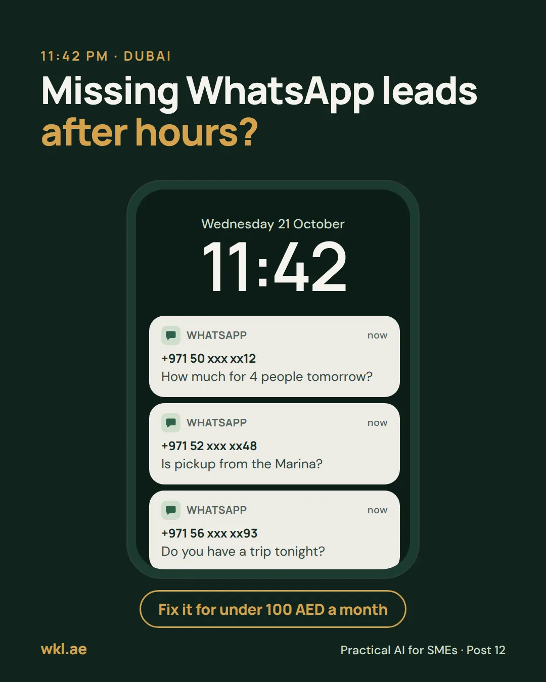 Slide 1: 11:42 pm in Dubai. Missing WhatsApp leads after hours? Three enquiries arrive on a locked phone: how much for 4 people tomorrow, is pickup from the Marina, do you have a trip tonight. Fix it for under 100 AED a month.
