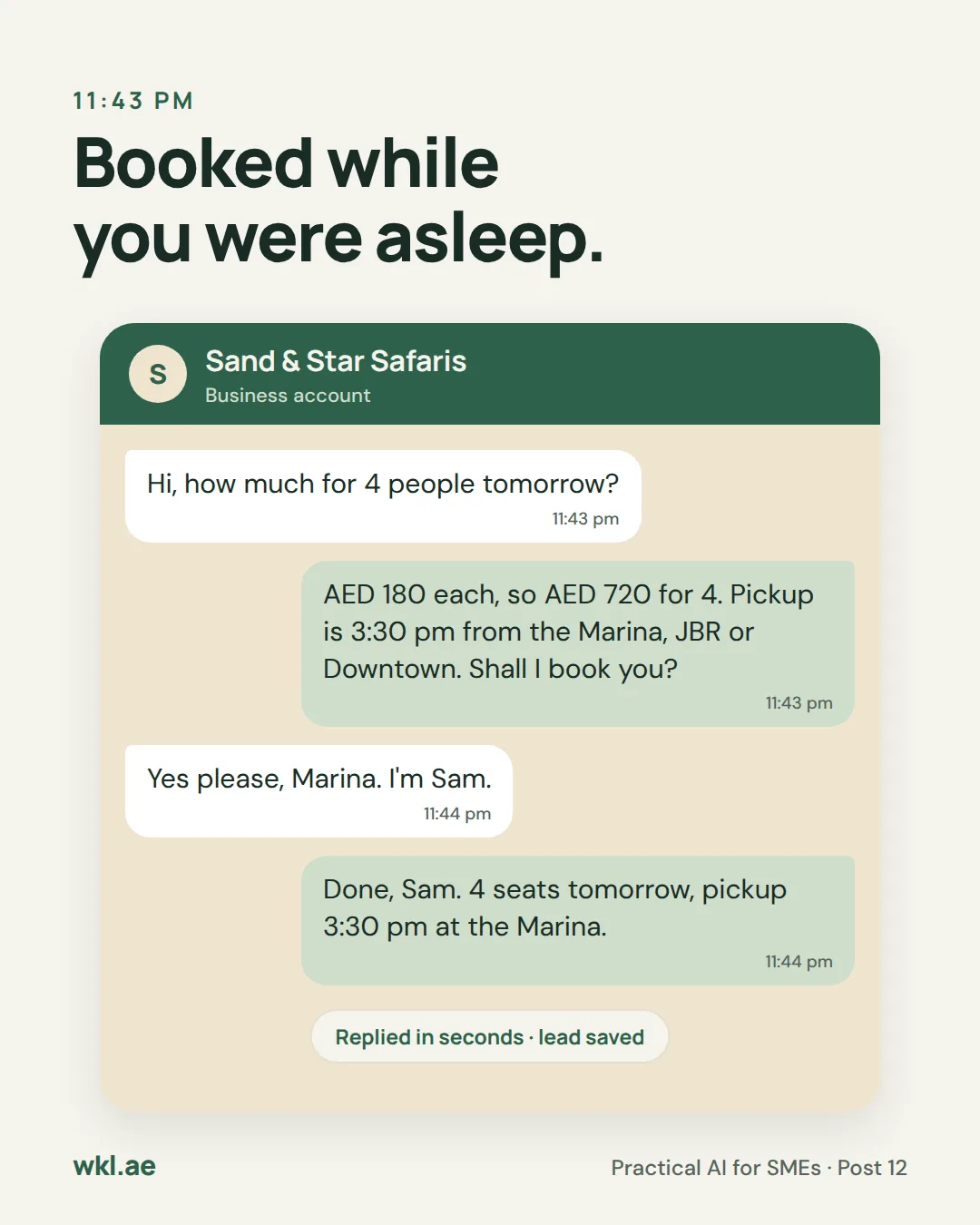 Slide 5: Booked while you were asleep. At 11:43 pm a customer asks how much for 4 people tomorrow. The reply: AED 180 each, so AED 720 for 4, pickup at 3:30 pm from the Marina, JBR or Downtown, shall I book you? The customer says yes, Marina, I'm Sam. Done, Sam, 4 seats tomorrow. Replied in seconds, lead saved.